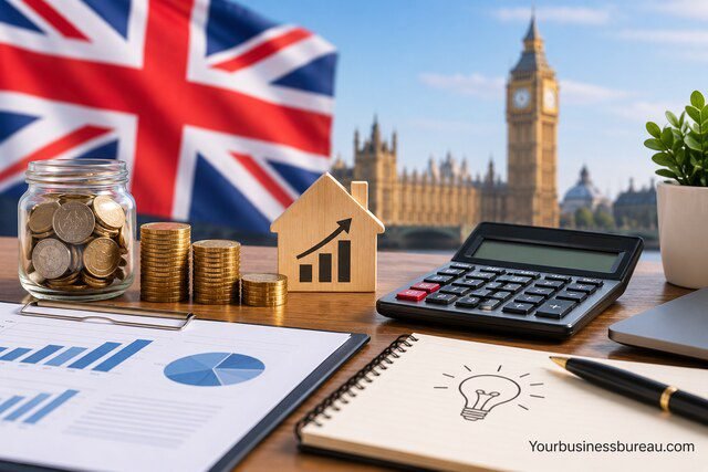 Cost to start a business in the UK with calculator, pound coins and financial planning tools.