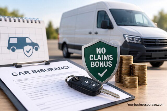 White van with insurance documents, car keys, coins, and a no claims bonus shield illustrating temporary van insurance coverage.
