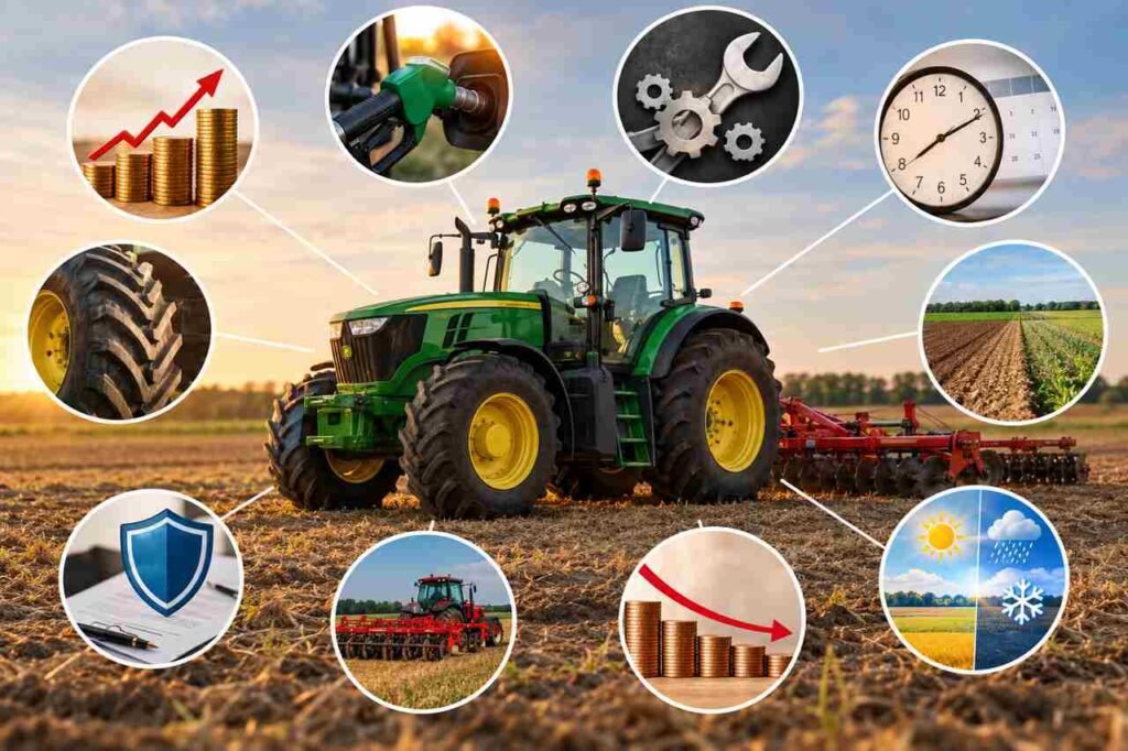 What Affects the Cost of Farm Machinery Ownership? Modern tractor and agricultural machinery on farmland illustrating farm machinery ownership costs.